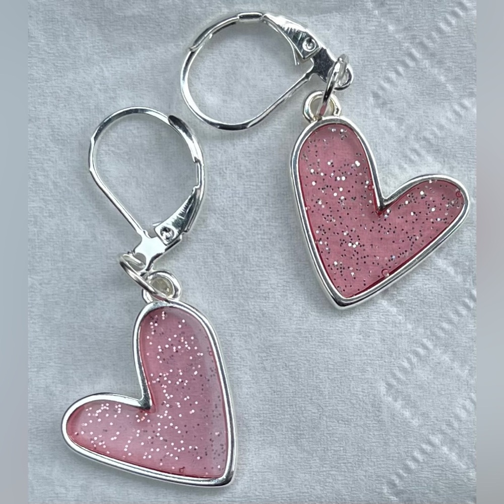 Sparkling Heart Earrings in Translucent Pink and Silver